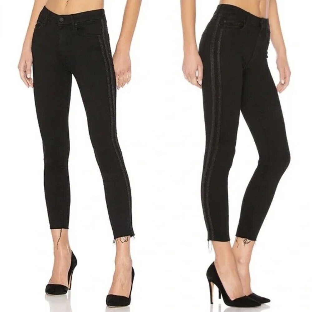 MOTHER Looker‎ Ankle Fray Jeans Women's Size 24 Black Tuxedo Stripe Raw Hem